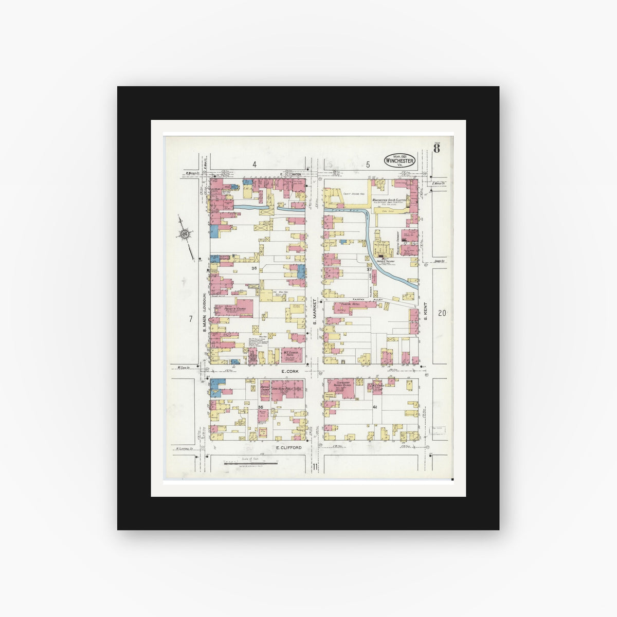 Old map wall art mockup — black gallery frame with white mat — Sanborn Fire Insurance Map from Winchester, Independent Cities, Virginia (1921), Sheet #0008