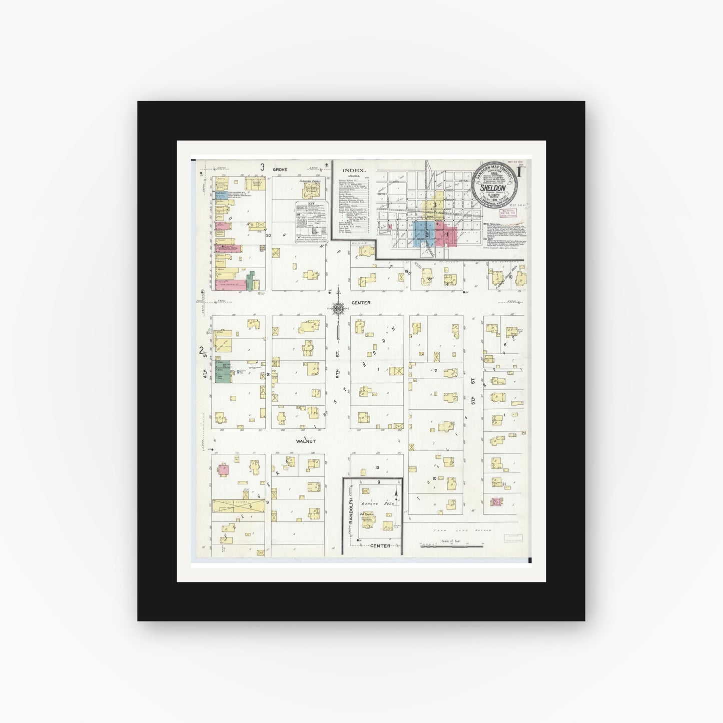 Old map wall art mockup — black gallery frame with white mat — Sanborn Fire Insurance Map from Sheldon, Iroquois County, Illinois (1910), Sheet #0001