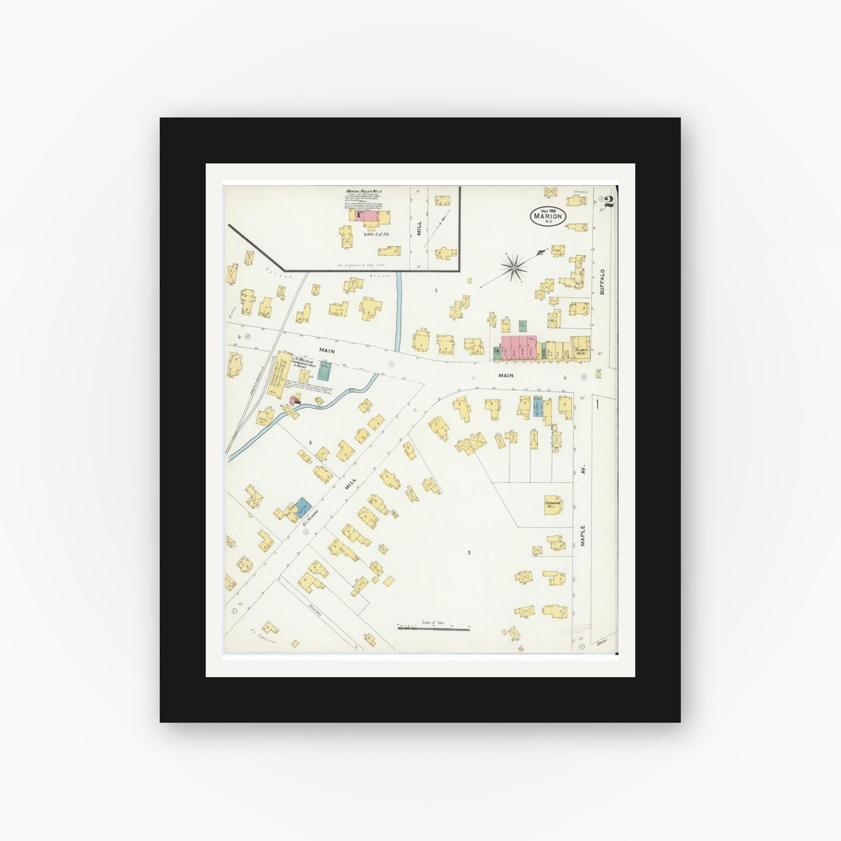 Old map wall art mockup — black gallery frame with white mat — Sanborn Fire Insurance Map from Marion, Wayne County, New York (1906), Sheet #0002