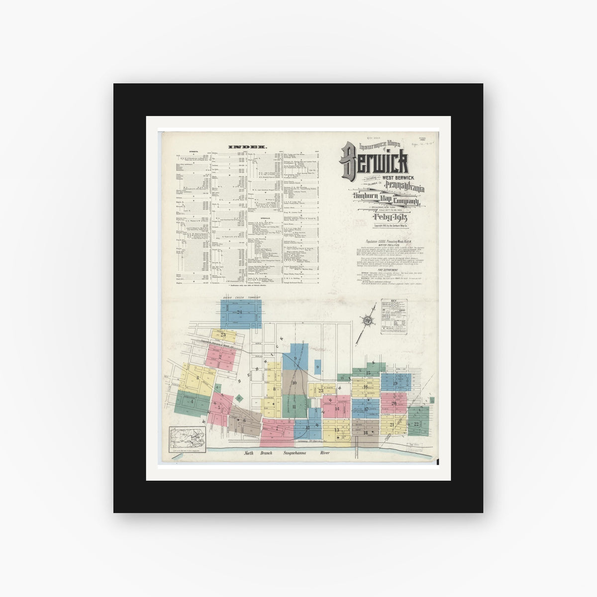 Old map wall art mockup — black gallery frame with white mat — Sanborn Fire Insurance Map from Berwick, Columbia County, Pennsylvania (1913) - Complete Map Set
