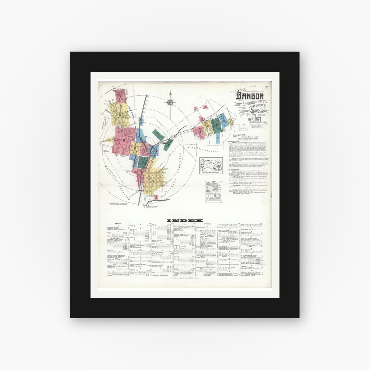 Old map wall art mockup — black gallery frame with white mat — Sanborn Fire Insurance Map from Bangor, Northampton County, Pennsylvania (1923) - Complete Map Set