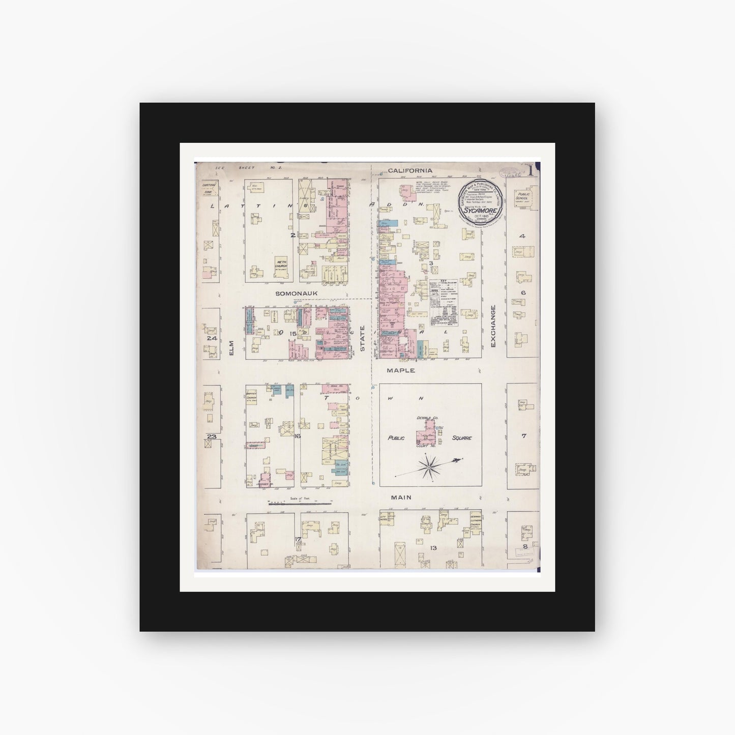 Old map wall art mockup — black gallery frame with white mat — Sanborn Fire Insurance Map from Sycamore, De Kalb County, Illinois (1885), Sheet #0001