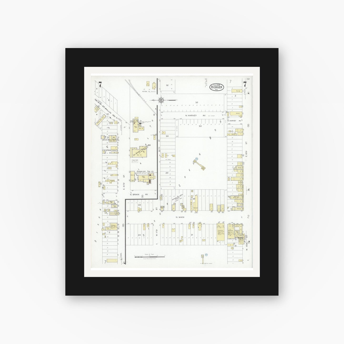 Old map wall art mockup — black gallery frame with white mat — Sanborn Fire Insurance Map from Borger, Hutchinson County, Texas (1928), Sheet #0007