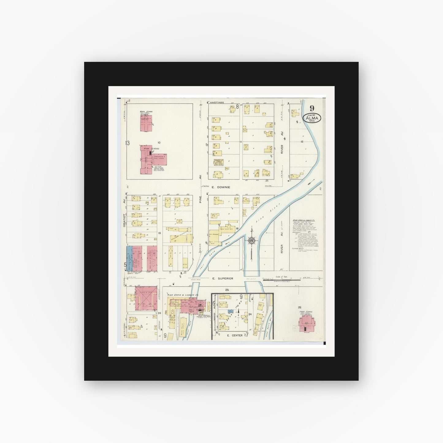 Old map wall art mockup — black gallery frame with white mat — Sanborn Fire Insurance Map from Alma, Gratiot County, Michigan (1917), Sheet #0009