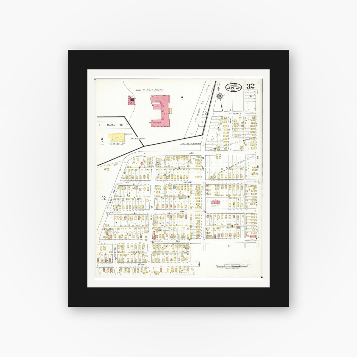 Old map wall art mockup — black gallery frame with white mat — Sanborn Fire Insurance Map from Clinton, Clinton County, Iowa (1917), Sheet #0032