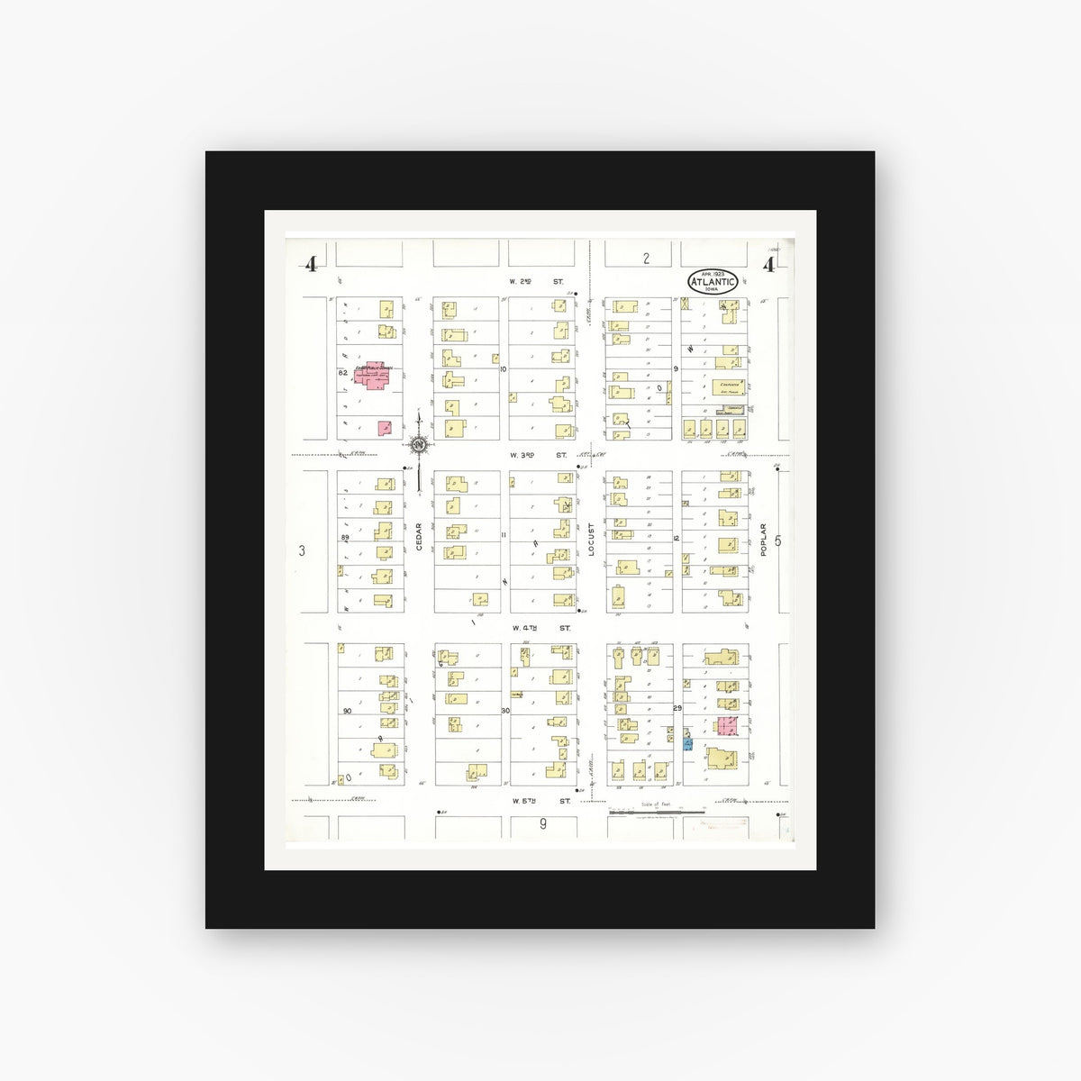 Old map wall art mockup — black gallery frame with white mat — Sanborn Fire Insurance Map from Atlantic, Cass County, Iowa (1923), Sheet #0004