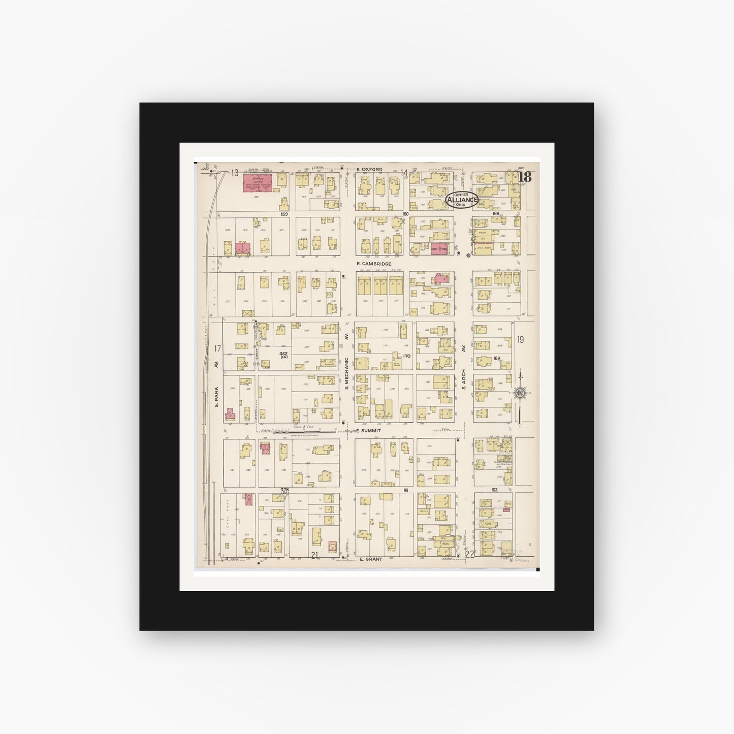 Old map wall art mockup — black gallery frame with white mat — Sanborn Fire Insurance Map from Alliance, Stark County, Ohio (1921), Sheet #0018