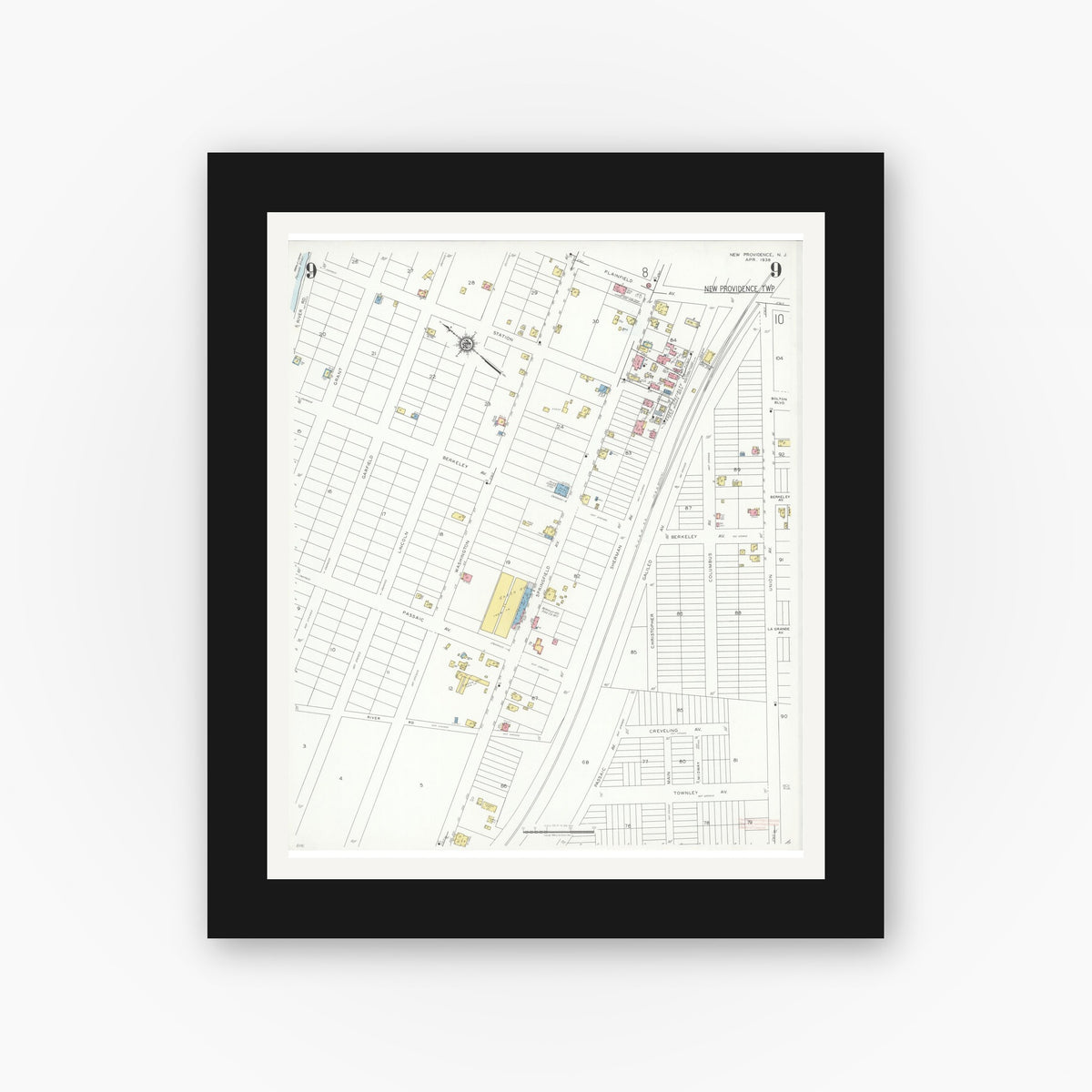 Old map wall art mockup — black gallery frame with white mat — Sanborn Fire Insurance Map from New Providence, Union County, New Jersey (1938), Sheet #0009