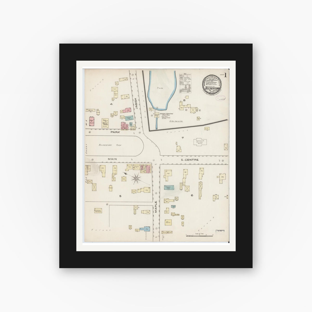 Old map wall art mockup — black gallery frame with white mat — Sanborn Fire Insurance Map from Belchertown, Hampshire County, Massachusetts (1885) - Complete Map Set