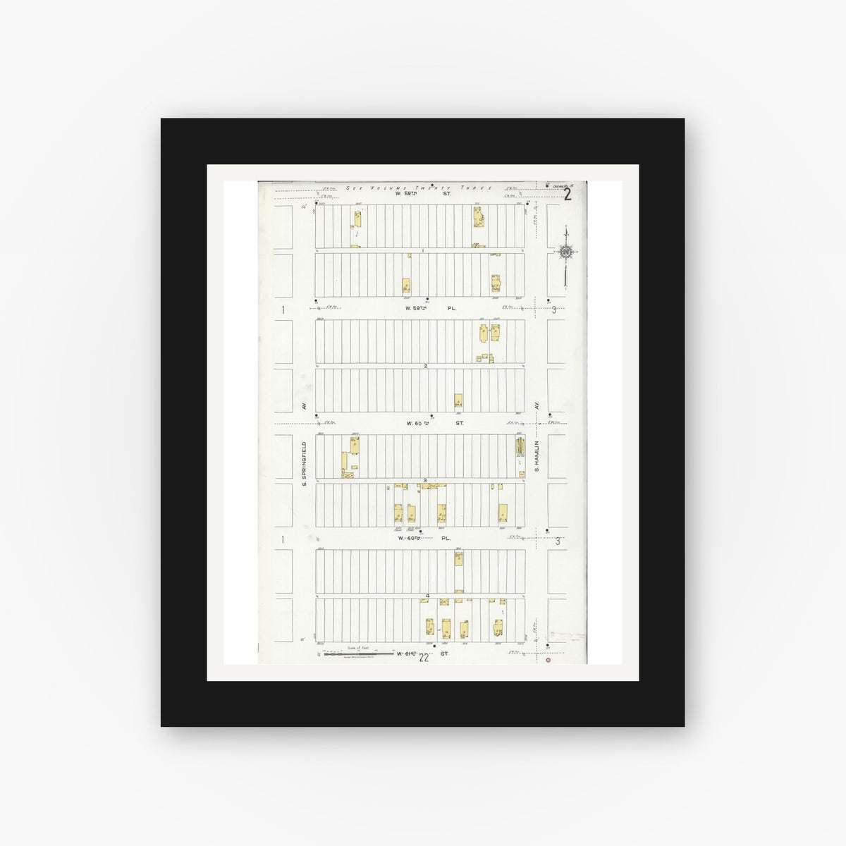 Old map wall art mockup — black gallery frame with white mat — Sanborn Fire Insurance Map from Chicago, Cook County, Illinois (1920), Sheet #0002