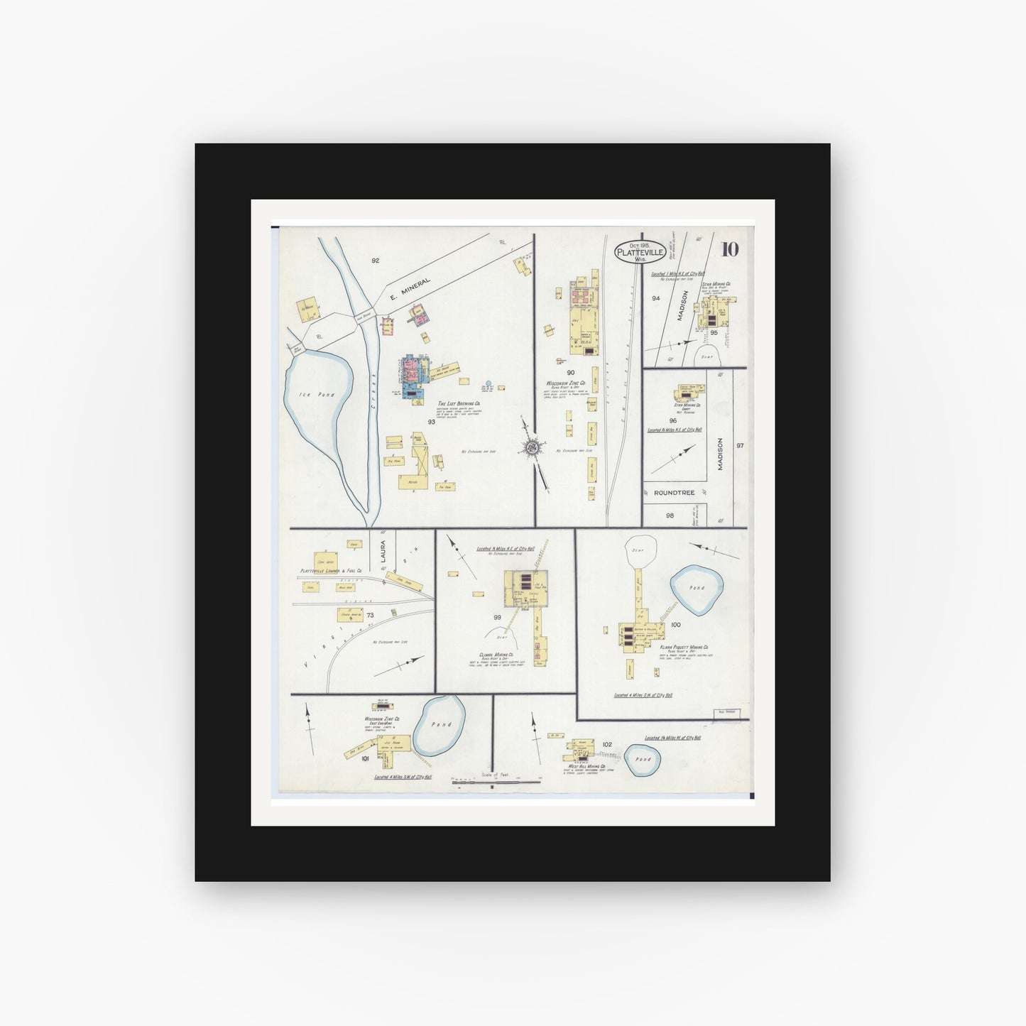 Old map wall art mockup — black gallery frame with white mat — Sanborn Fire Insurance Map from Platteville, Grant County, Wisconsin (1915), Sheet #0010