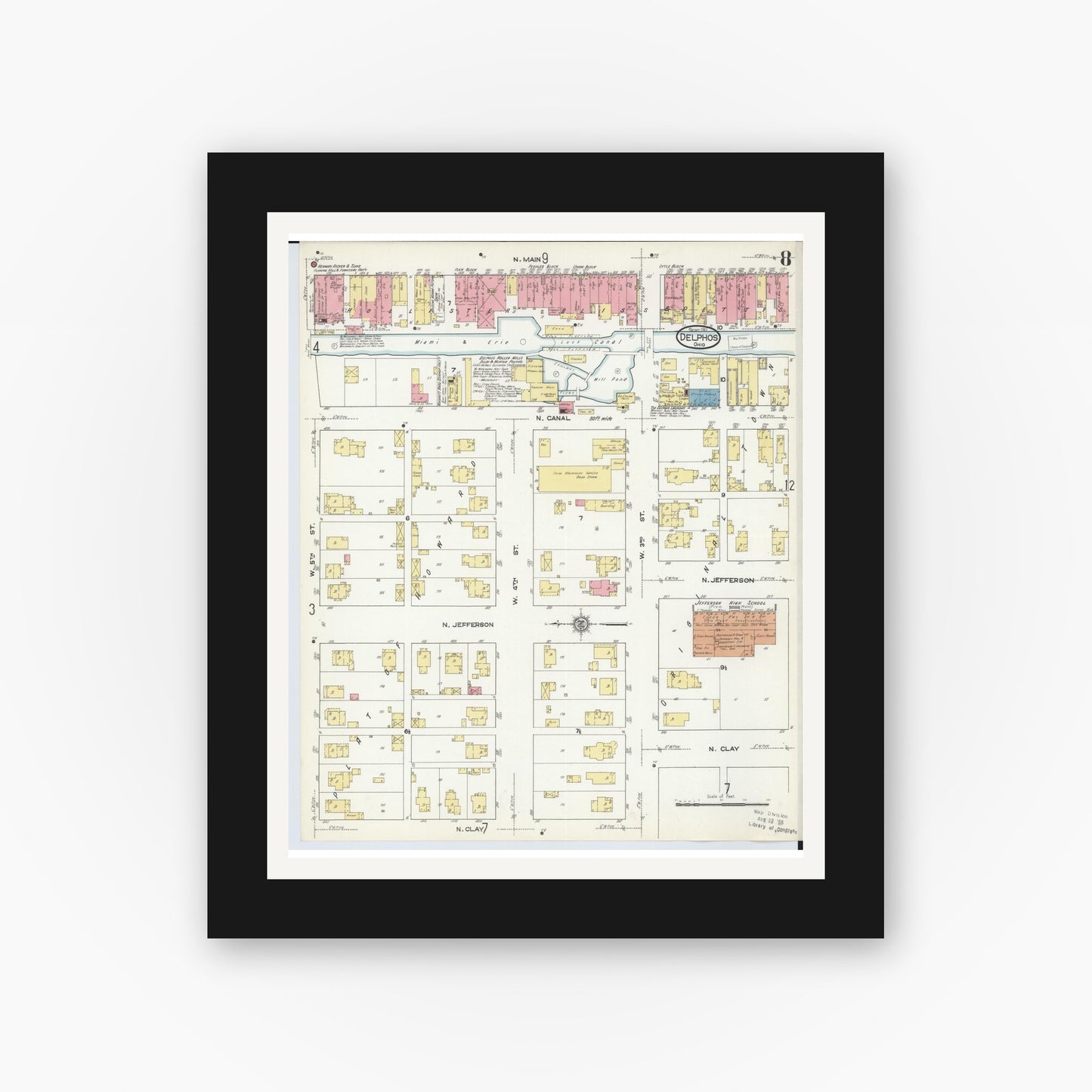 Old map wall art mockup — black gallery frame with white mat — Sanborn Fire Insurance Map from Delphos, Van Wert And Allen Counties, Ohio (1911), Sheet #0008