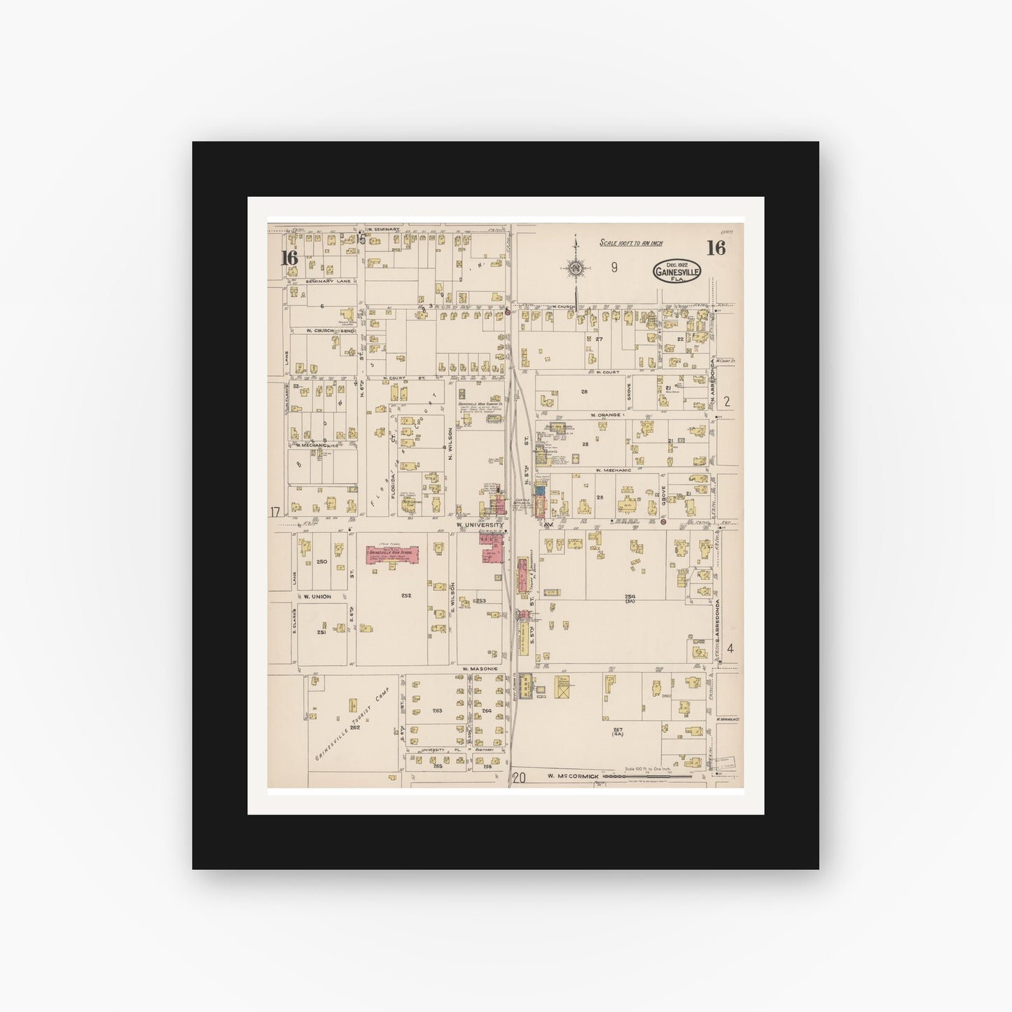 Old map wall art mockup — black gallery frame with white mat — Sanborn Fire Insurance Map from Gainesville, Alachua County, Florida (1922), Sheet #0016