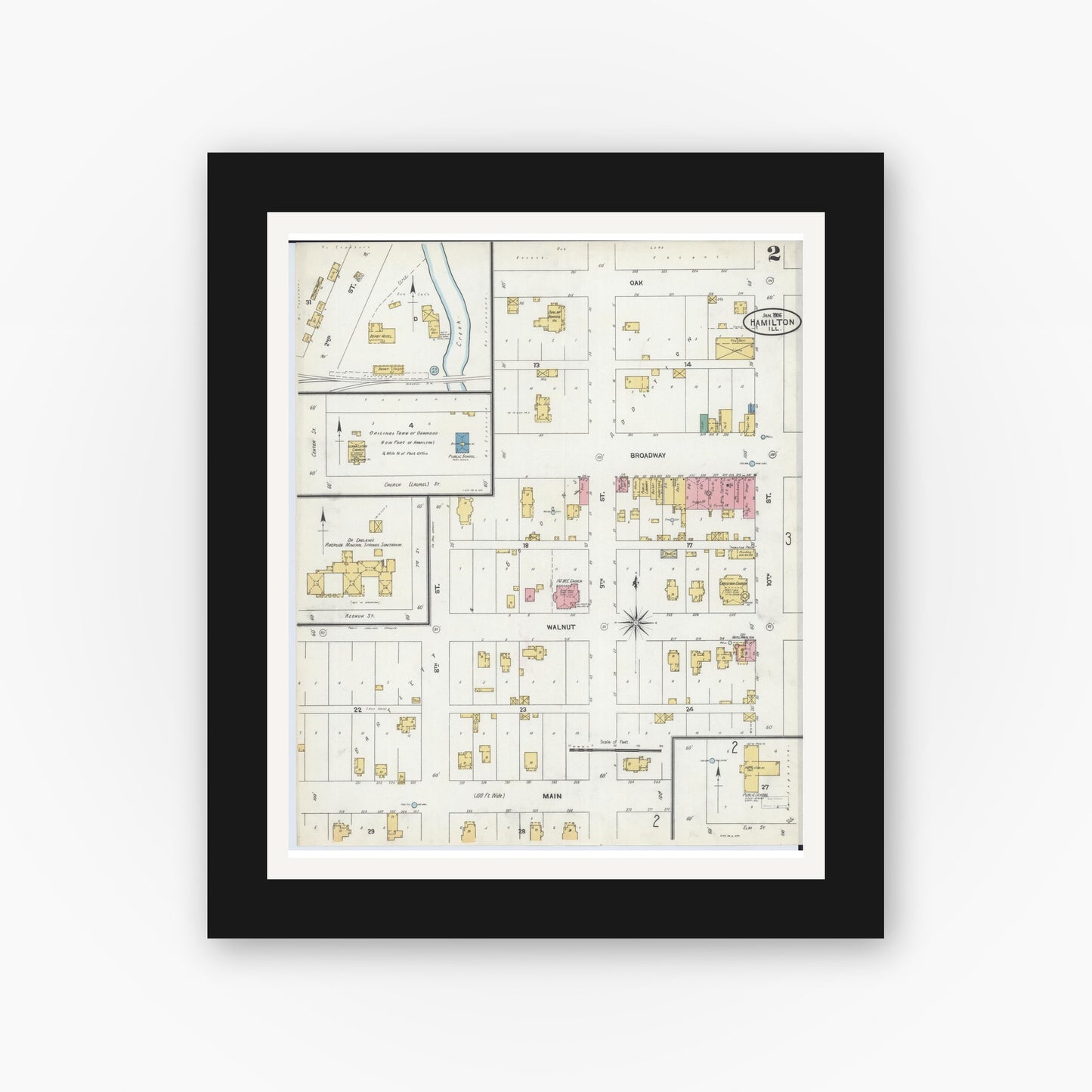 Old map wall art mockup — black gallery frame with white mat — Sanborn Fire Insurance Map from Hamilton, Hancock County, Illinois (1906), Sheet #0002