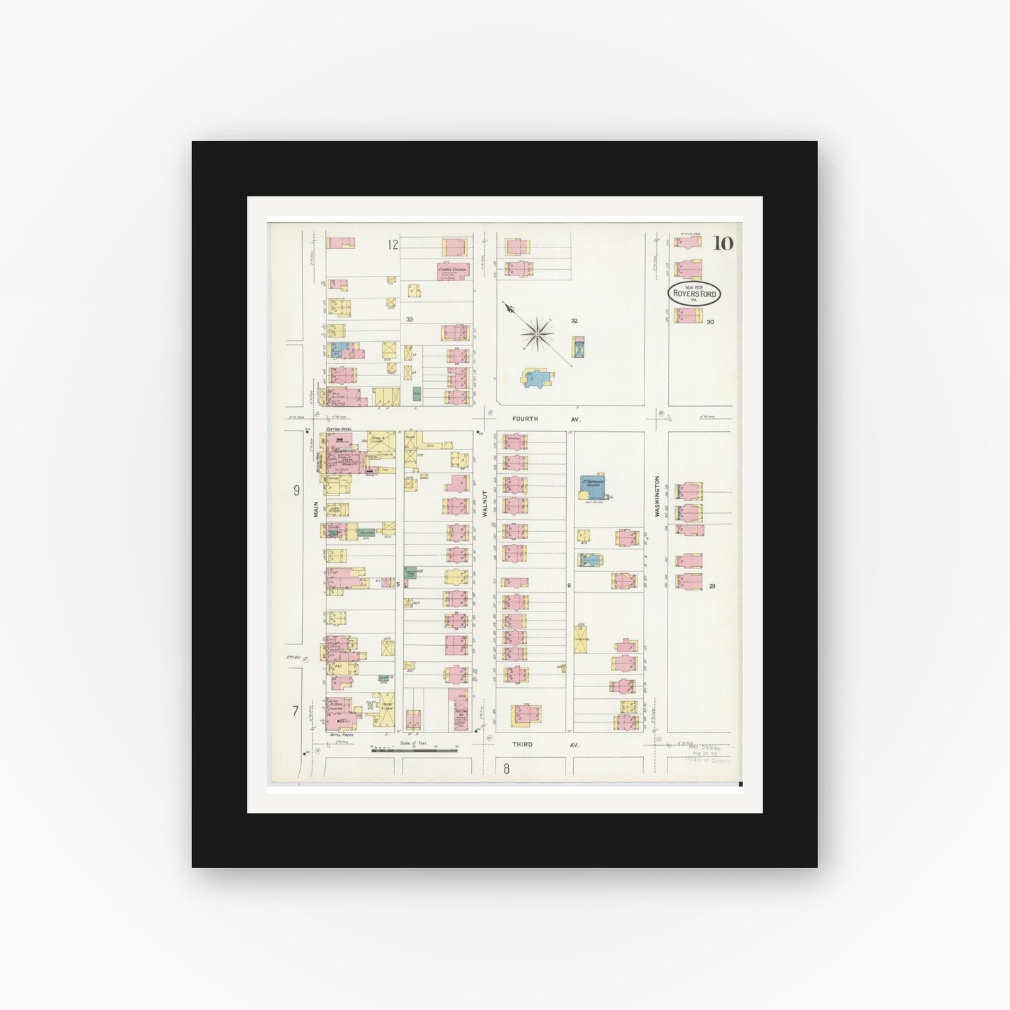Old map wall art mockup — black gallery frame with white mat — Sanborn Fire Insurance Map from Royersford, Montgomery County, Pennsylvania (1909), Sheet #0010