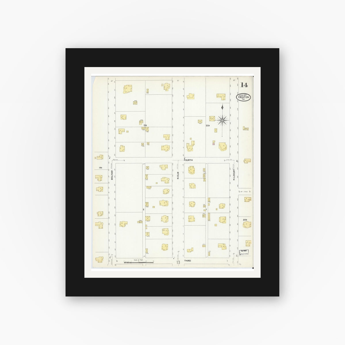 Old map wall art mockup — black gallery frame with white mat — Sanborn Fire Insurance Map from Denton, Denton County, Texas (1907), Sheet #0014