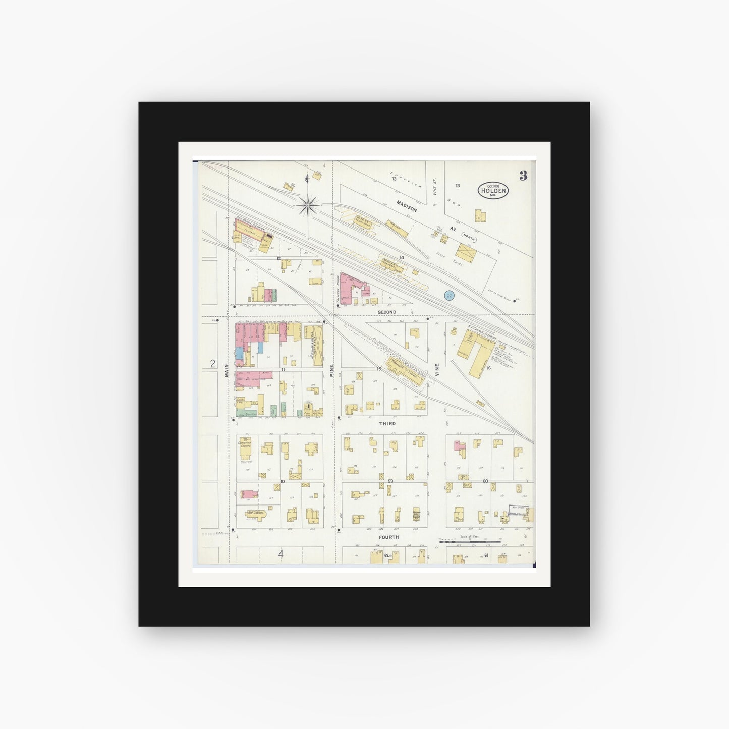 Old map wall art mockup — black gallery frame with white mat — Sanborn Fire Insurance Map from Holden, Johnson County, Missouri (1898), Sheet #0003