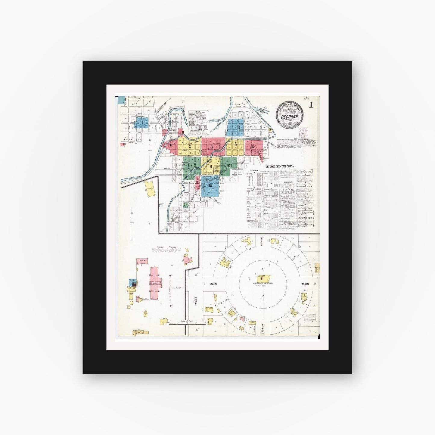 Old map wall art mockup — black gallery frame with white mat — Sanborn Fire Insurance Map from Decorah, Winneshiek County, Iowa (1902) — Complete Set