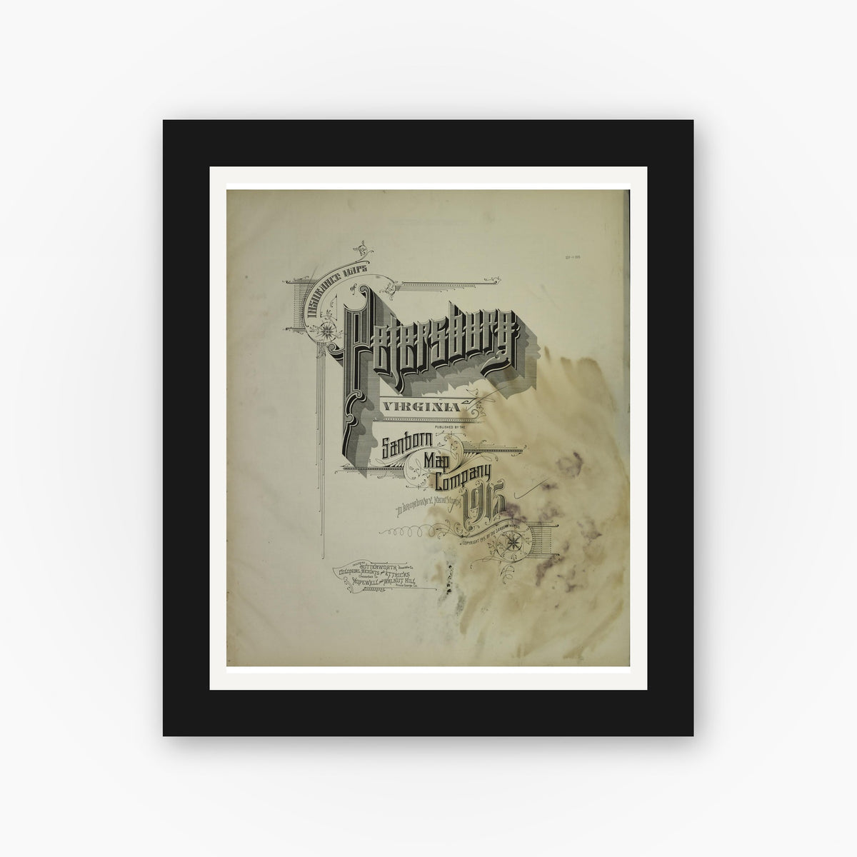 Old map wall art mockup — black gallery frame with white mat — Sanborn Fire Insurance Map from Petersburg, Independent Cities, Virginia (1915), Sheet #0001