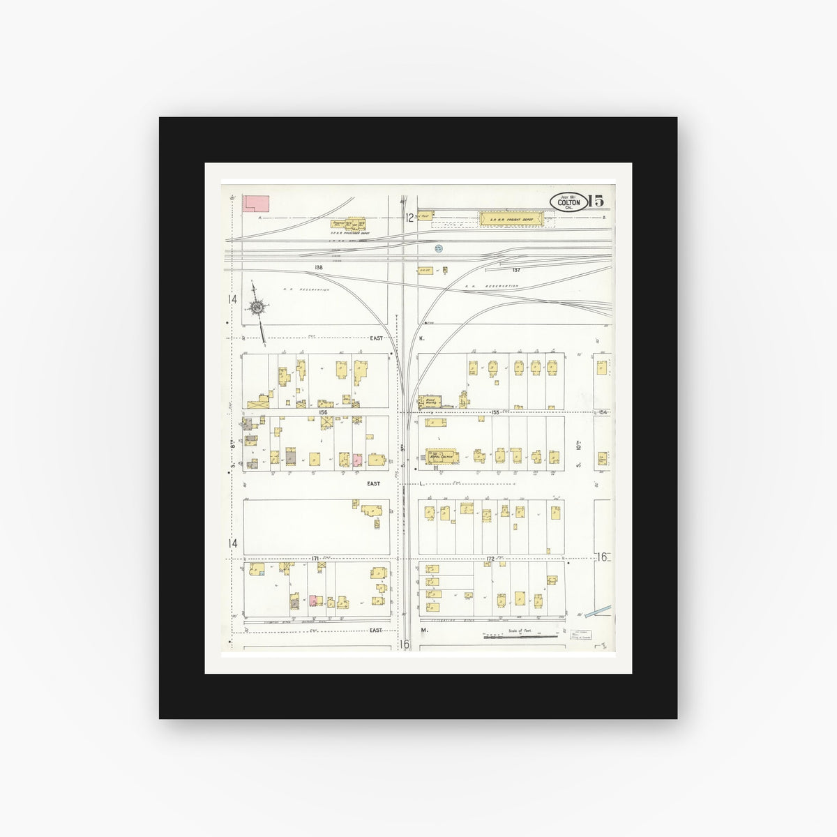 Old map wall art mockup — black gallery frame with white mat — Sanborn Fire Insurance Map from Colton, San Bernardino County, California (1911), Sheet #0015