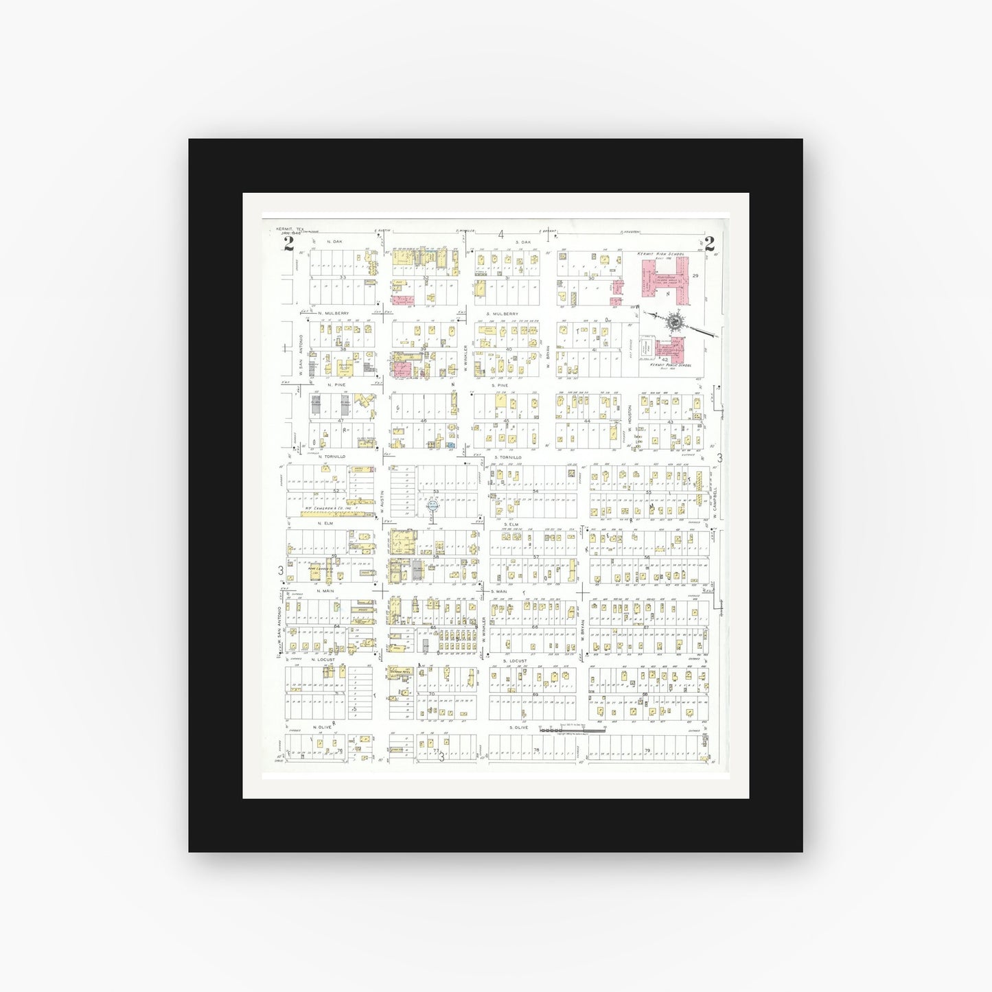 Old map wall art mockup — black gallery frame with white mat — Sanborn Fire Insurance Map from Kermit, Winkler County, Texas (1946), Sheet #0002