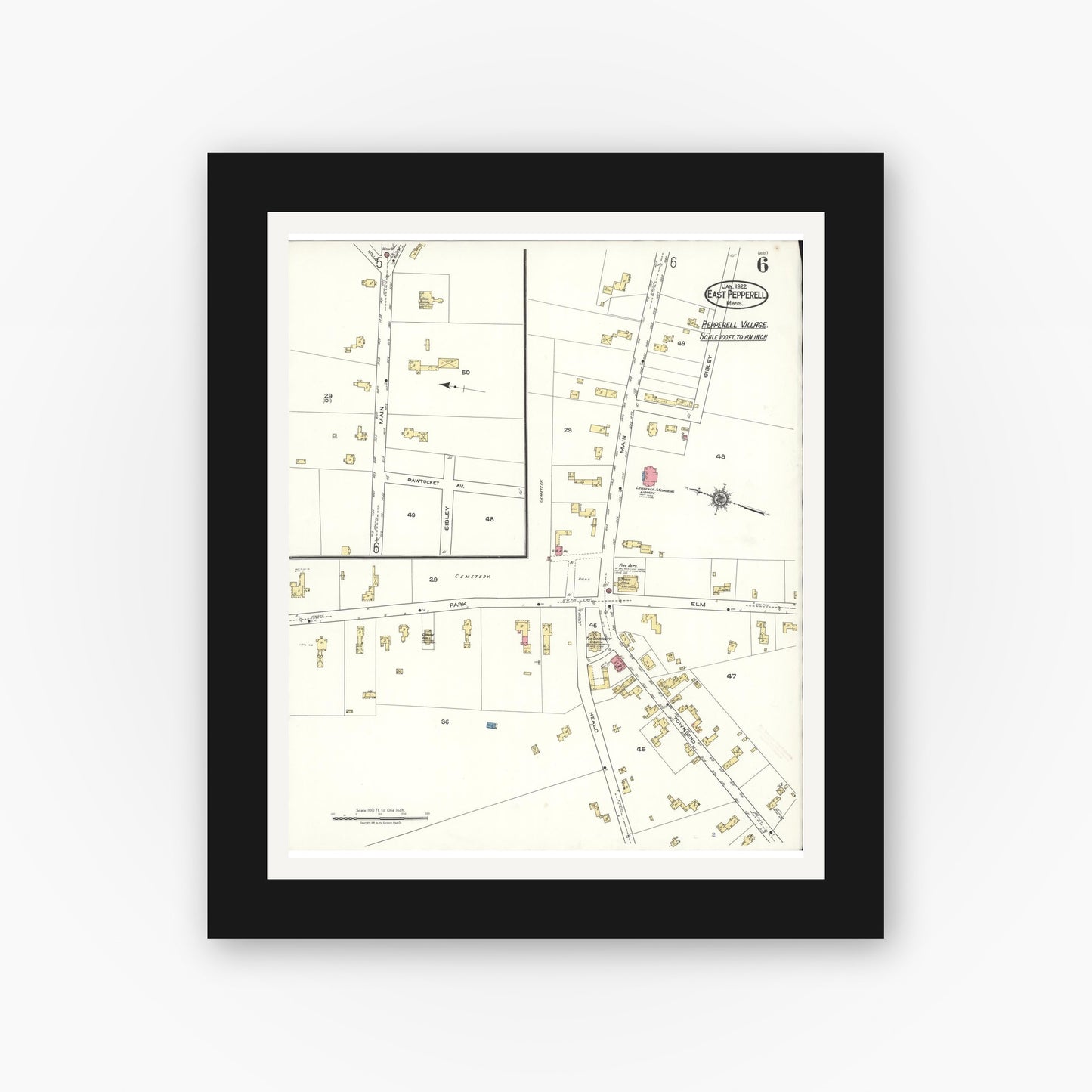 Old map wall art mockup — black gallery frame with white mat — Sanborn Fire Insurance Map from East Pepperell, Middlesex County, Massachusetts (1922), Sheet #0006