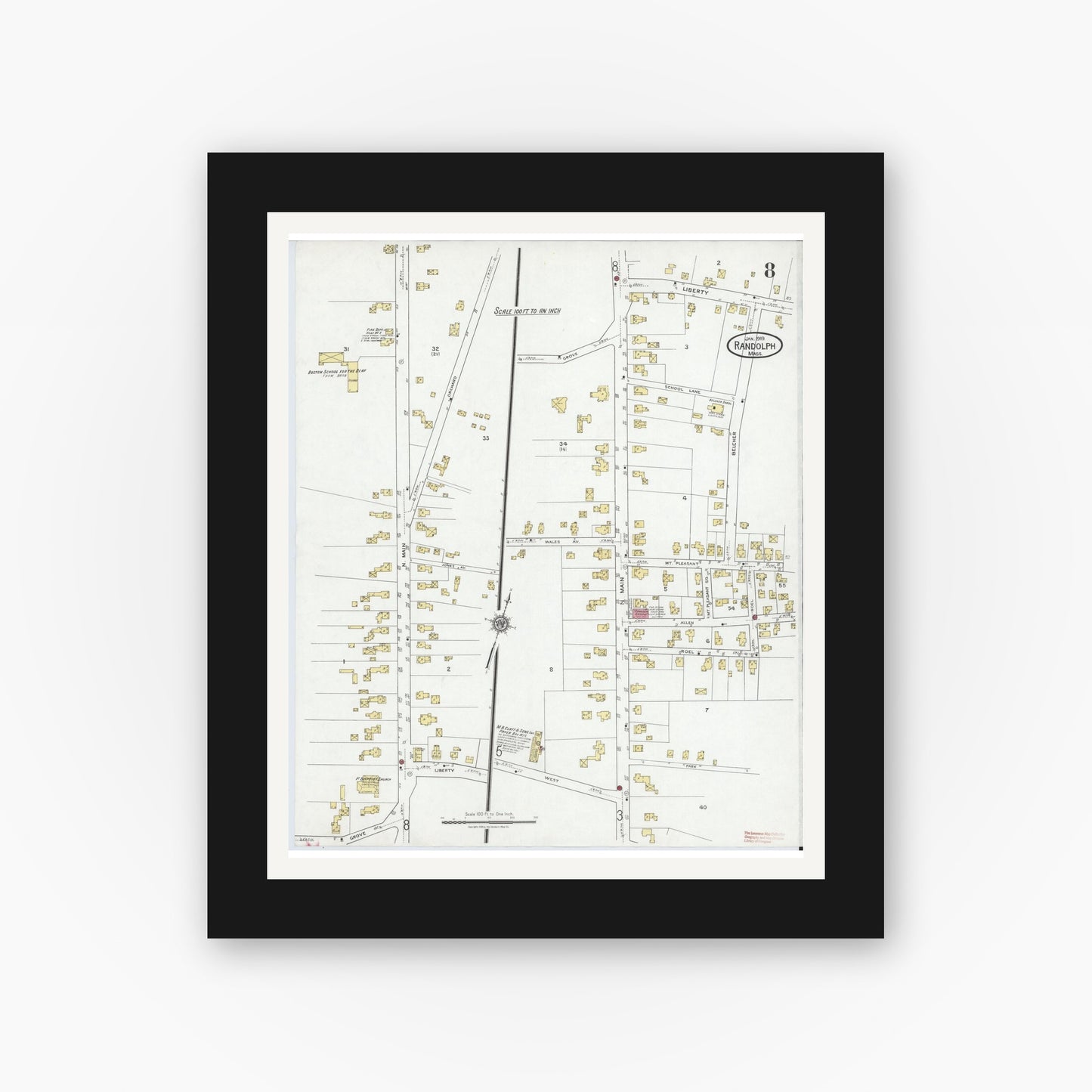 Old map wall art mockup — black gallery frame with white mat — Sanborn Fire Insurance Map from Randolph, Norfolk County, Massachusetts (1919), Sheet #0008
