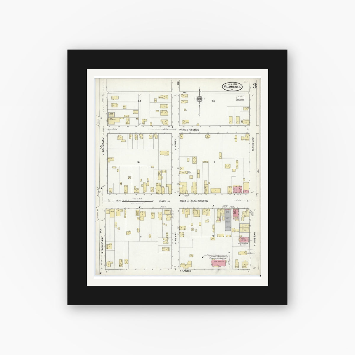 Old map wall art mockup — black gallery frame with white mat — Sanborn Fire Insurance Map from Williamsburg, Independent Cities, Virginia (1921), Sheet #0003