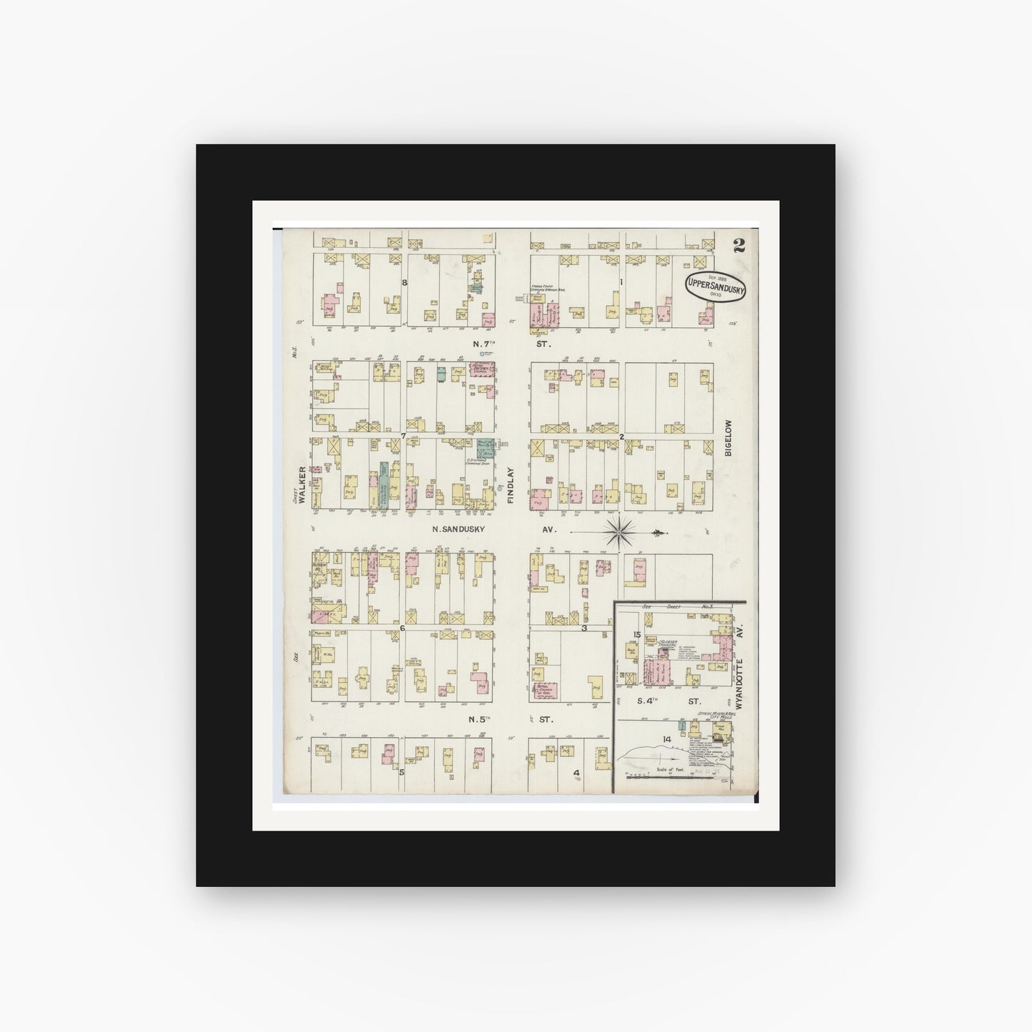 Old map wall art mockup — black gallery frame with white mat — Sanborn Fire Insurance Map from Upper Sandusky, Wyandot County, Ohio (1888), Sheet #0002