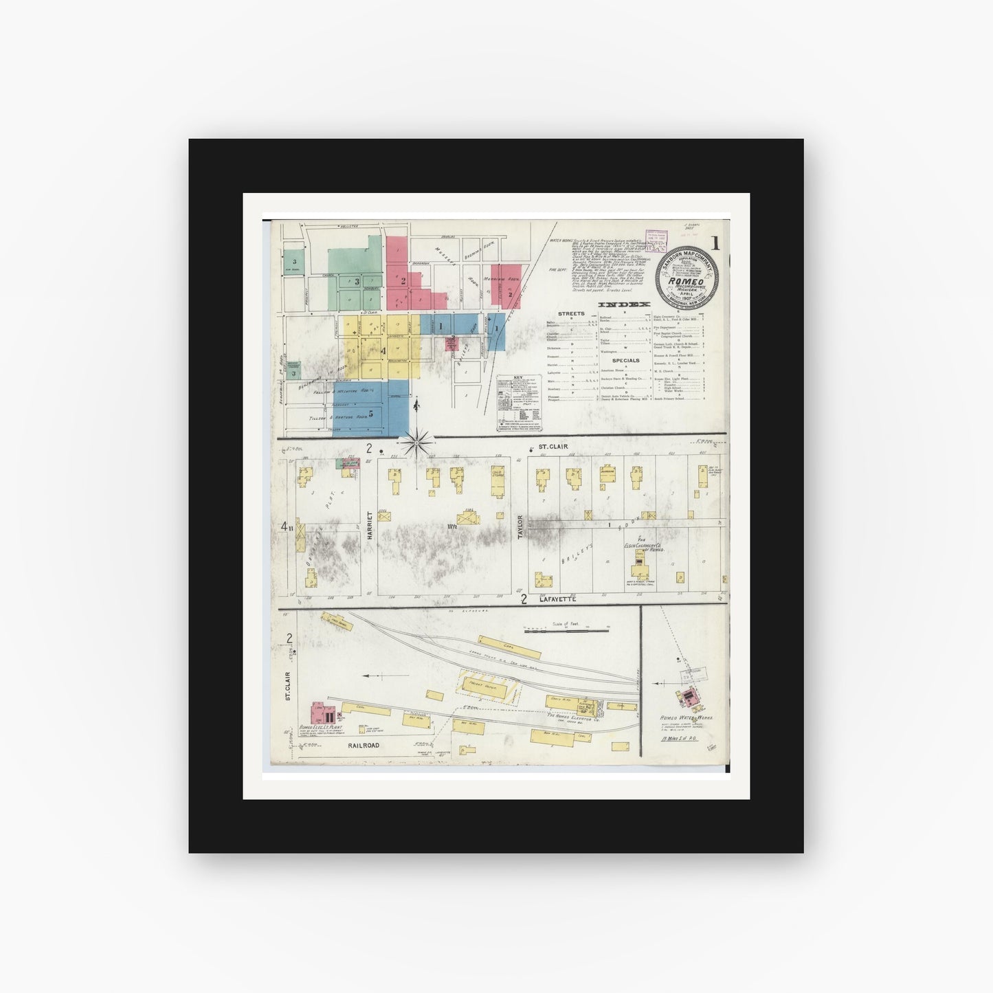 Old map wall art mockup — black gallery frame with white mat — Sanborn Fire Insurance Map from Romeo, Macomb County, Michigan (1907) - Complete Map Set