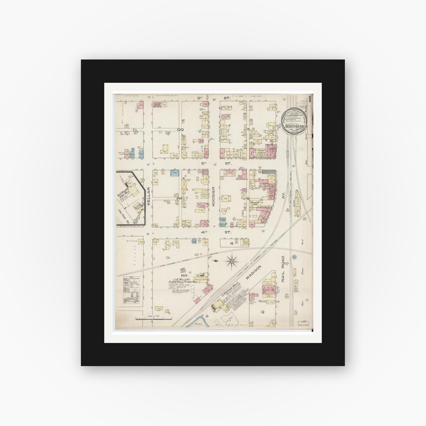 Old map wall art mockup — black gallery frame with white mat — Sanborn Fire Insurance Map from North Vernon, Jennings County, Indiana (1886) - Complete Map Set