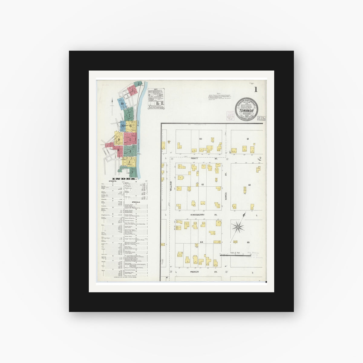Old map wall art mockup — black gallery frame with white mat — Sanborn Fire Insurance Map from Towanda, Bradford County, Pennsylvania (1903) - Complete Map Set