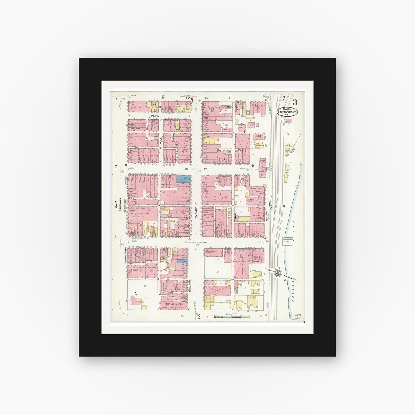 Old map wall art mockup — black gallery frame with white mat — Sanborn Fire Insurance Map from Logansport, Cass County, Indiana (1911), Sheet #0003