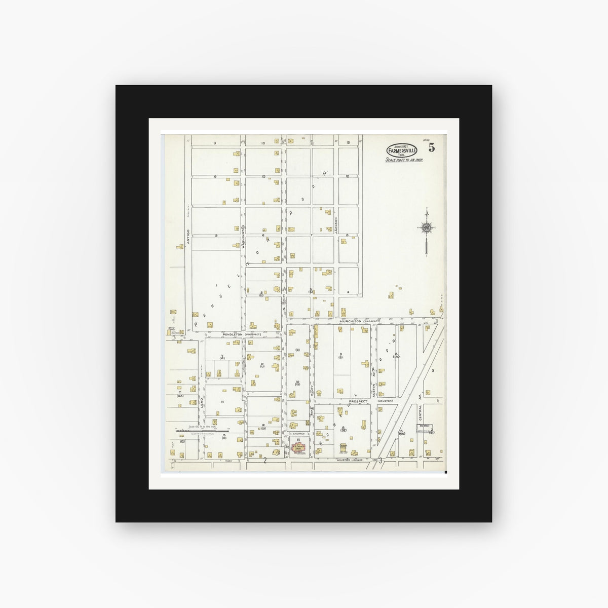 Old map wall art mockup — black gallery frame with white mat — Sanborn Fire Insurance Map from Farmersville, Collin County, Texas (1921), Sheet #0005