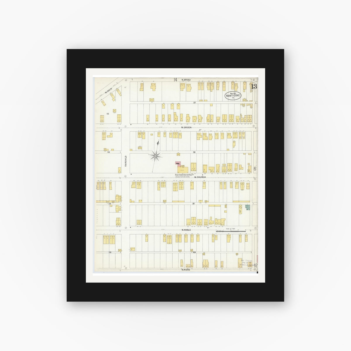 Old map wall art mockup — black gallery frame with white mat — Sanborn Fire Insurance Map from Nanticoke, Luzerne County, Pennsylvania (1903), Sheet #0013