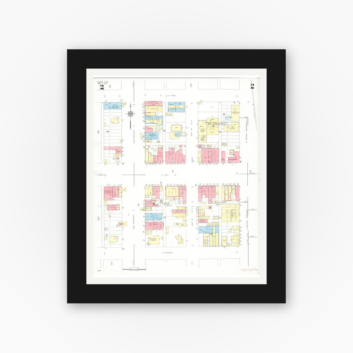Old map wall art mockup — black gallery frame with white mat — Sanborn Fire Insurance Map from Onawa, Monona County, Iowa (1934), Sheet #0002