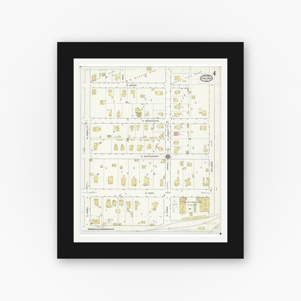 Old map wall art mockup — black gallery frame with white mat — Sanborn Fire Insurance Map from Oakland, Coles County, Illinois (1916), Sheet #0004