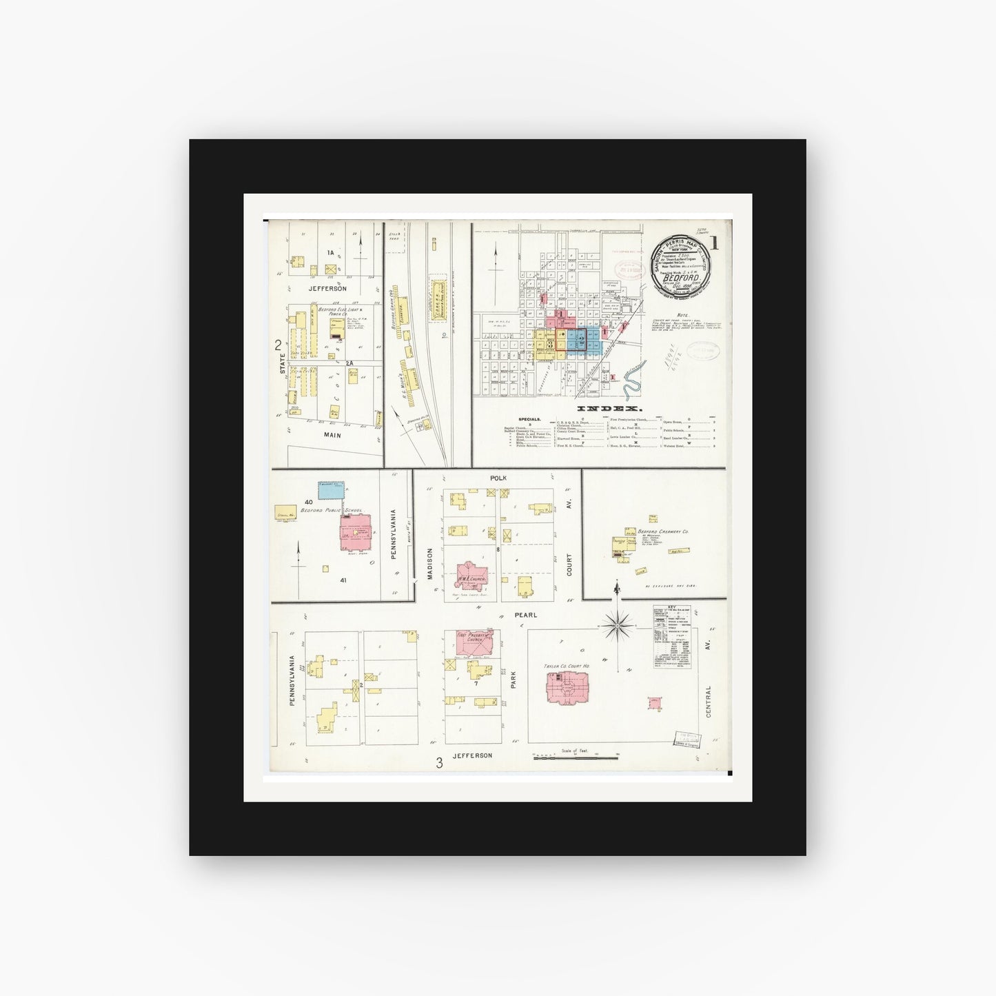 Old map wall art mockup — black gallery frame with white mat — Sanborn Fire Insurance Map from Bedford, Taylor County, Iowa (1898), Sheet #0001