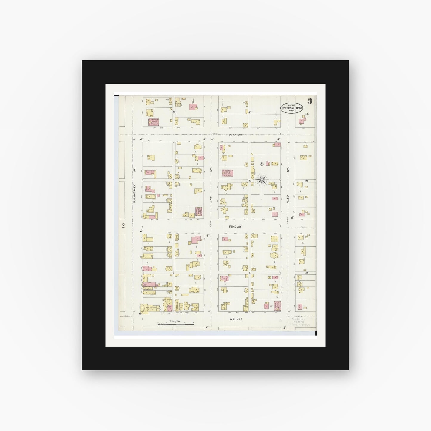 Old map wall art mockup — black gallery frame with white mat — Sanborn Fire Insurance Map from Upper Sandusky, Wyandot County, Ohio (1897), Sheet #0003