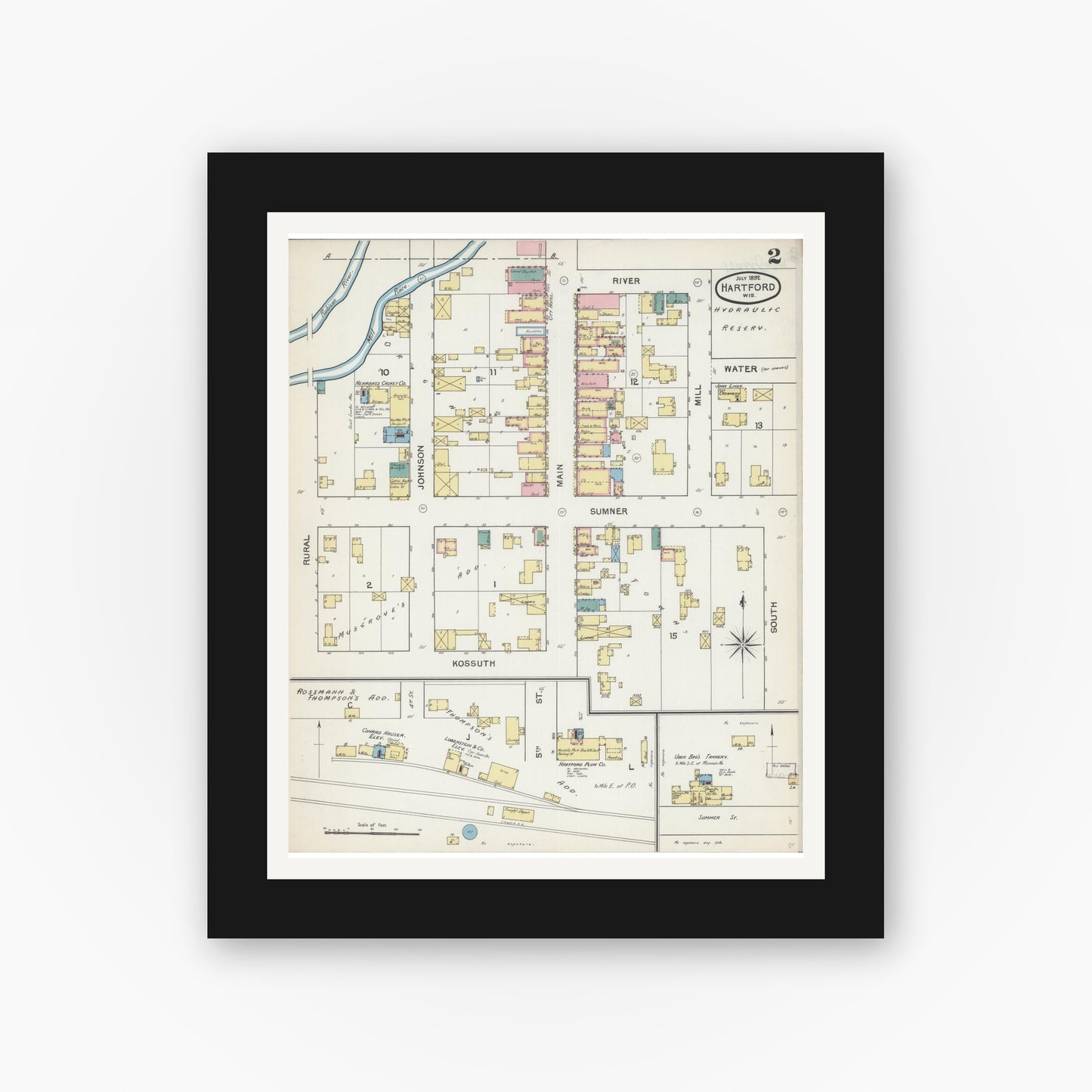 Old map wall art mockup — black gallery frame with white mat — Sanborn Fire Insurance Map from Hartford, Washington County, Wisconsin (1892), Sheet #0002