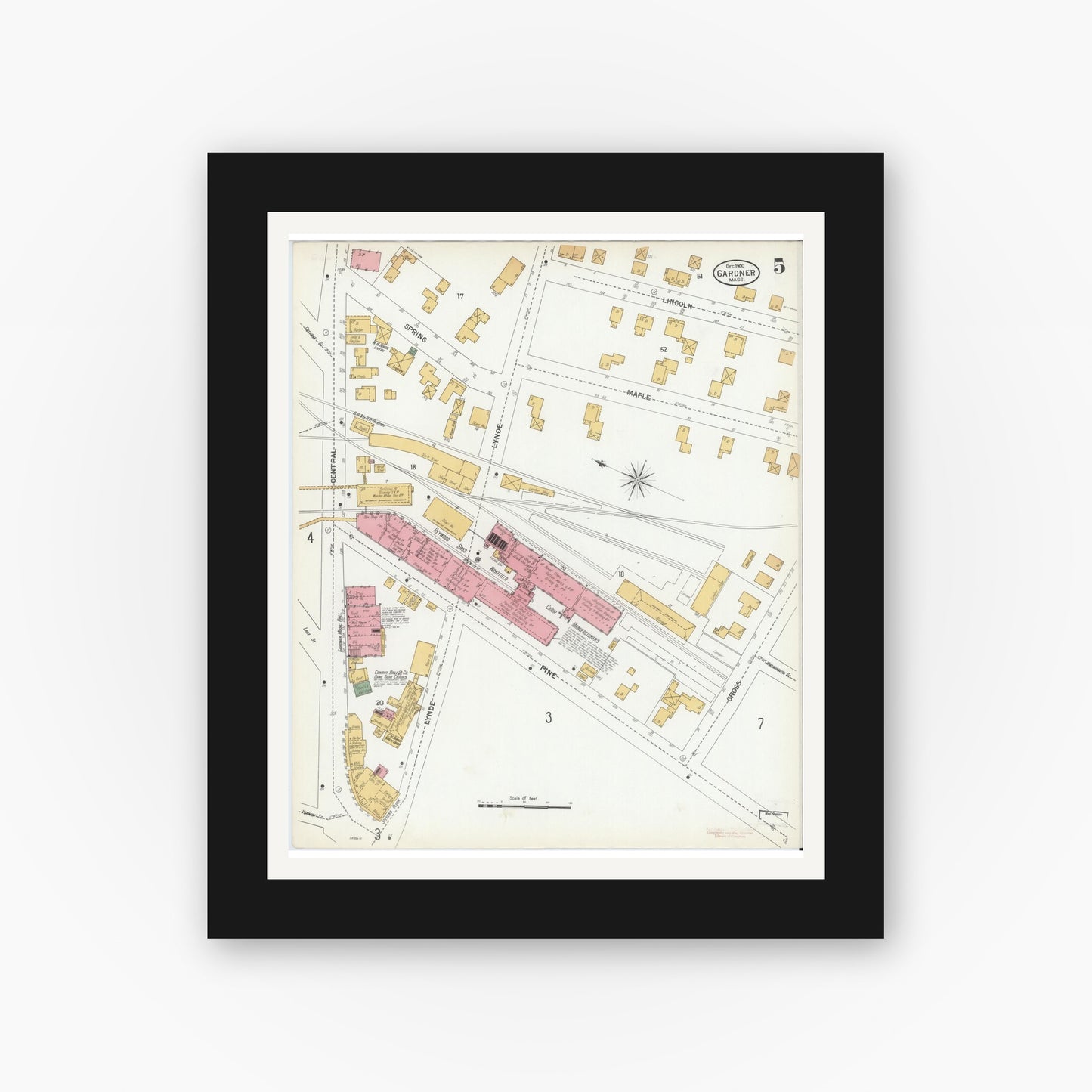 Old map wall art mockup — black gallery frame with white mat — Sanborn Fire Insurance Map from Gardner, Worcester County, Massachusetts (1900), Sheet #0005