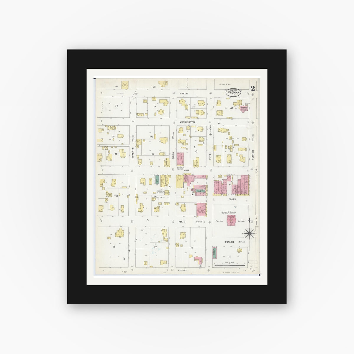 Old map wall art mockup — black gallery frame with white mat — Sanborn Fire Insurance Map from Vienna, Johnson County, Illinois (1907), Sheet #0002