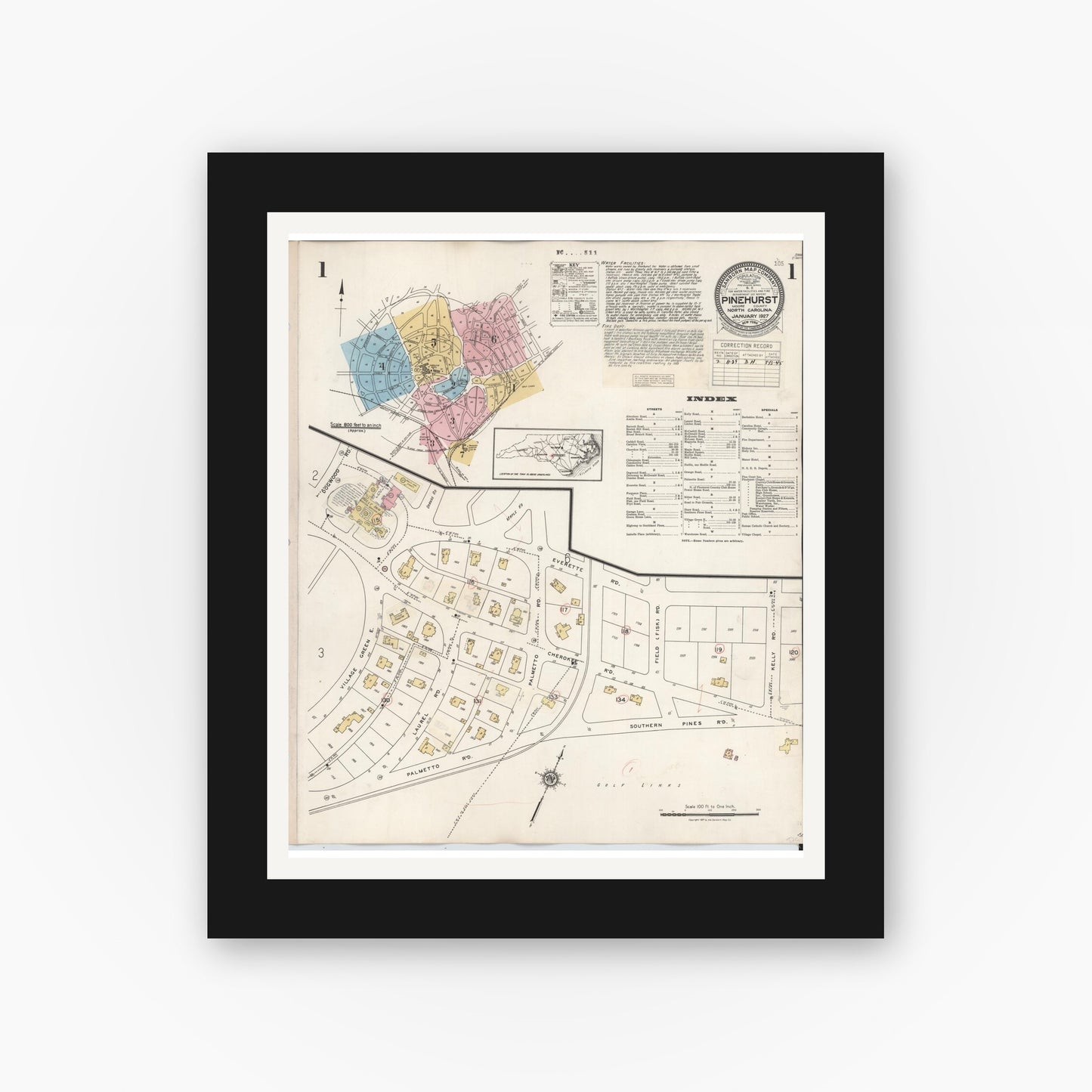 Old map wall art mockup — black gallery frame with white mat — Sanborn Fire Insurance Map from Pinehurst, Moore County, North Carolina (1939) - Complete Map Set