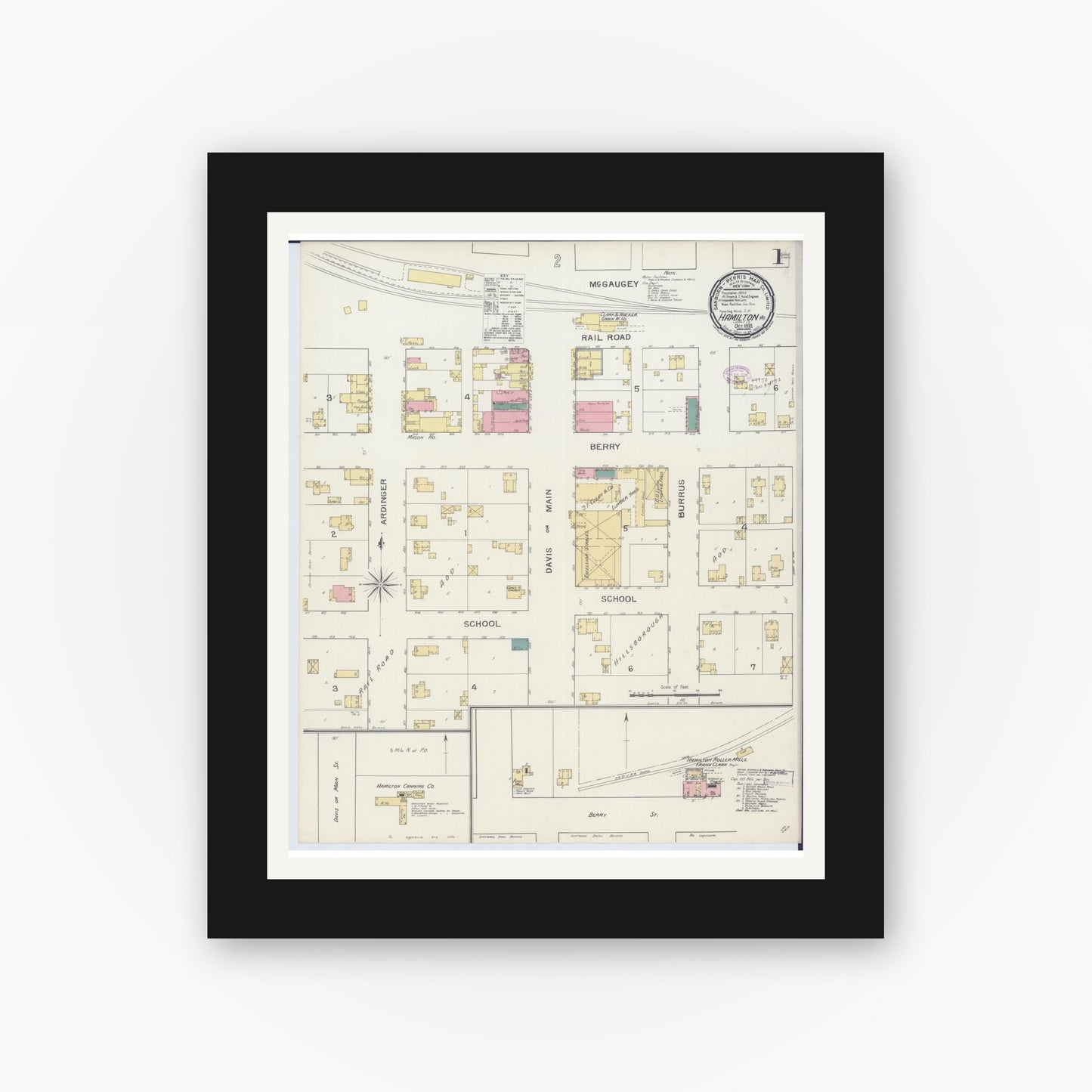 Old map wall art mockup — black gallery frame with white mat — Sanborn Fire Insurance Map from Hamilton, Caldwell County, Missouri (1893), Sheet #0001