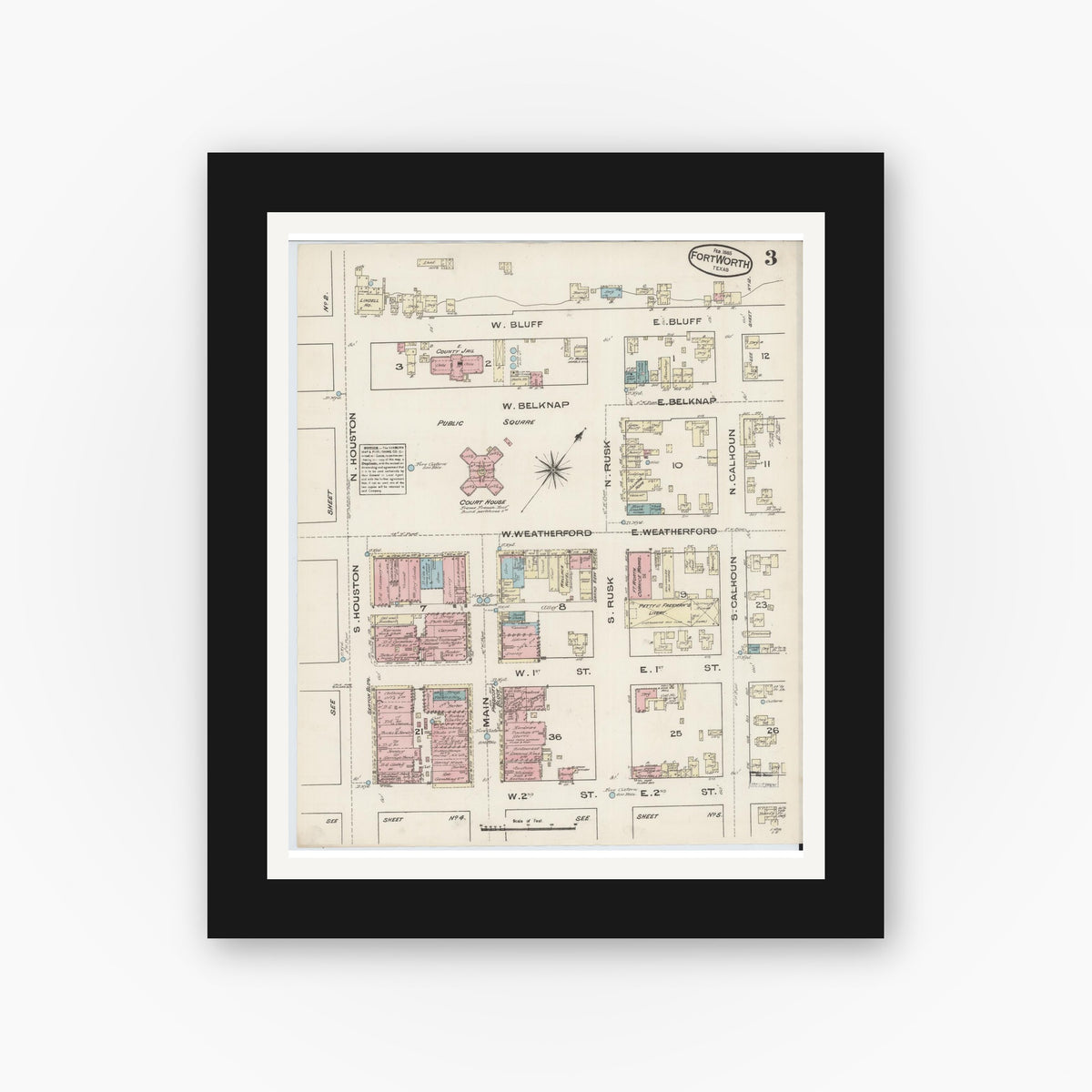 Old map wall art mockup — black gallery frame with white mat — Sanborn Fire Insurance Map from Fort Worth, Tarrant County, Texas (1885), Sheet #0003