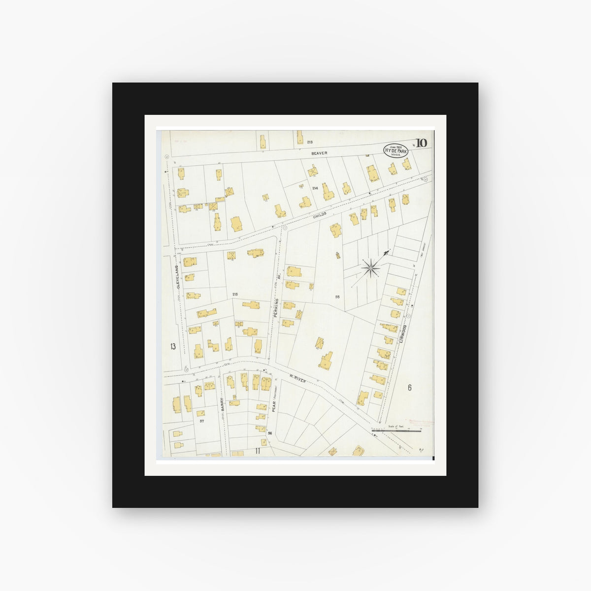 Old map wall art mockup — black gallery frame with white mat — Sanborn Fire Insurance Map from Hyde Park, Norfolk County, Massachusetts (1905), Sheet #0010