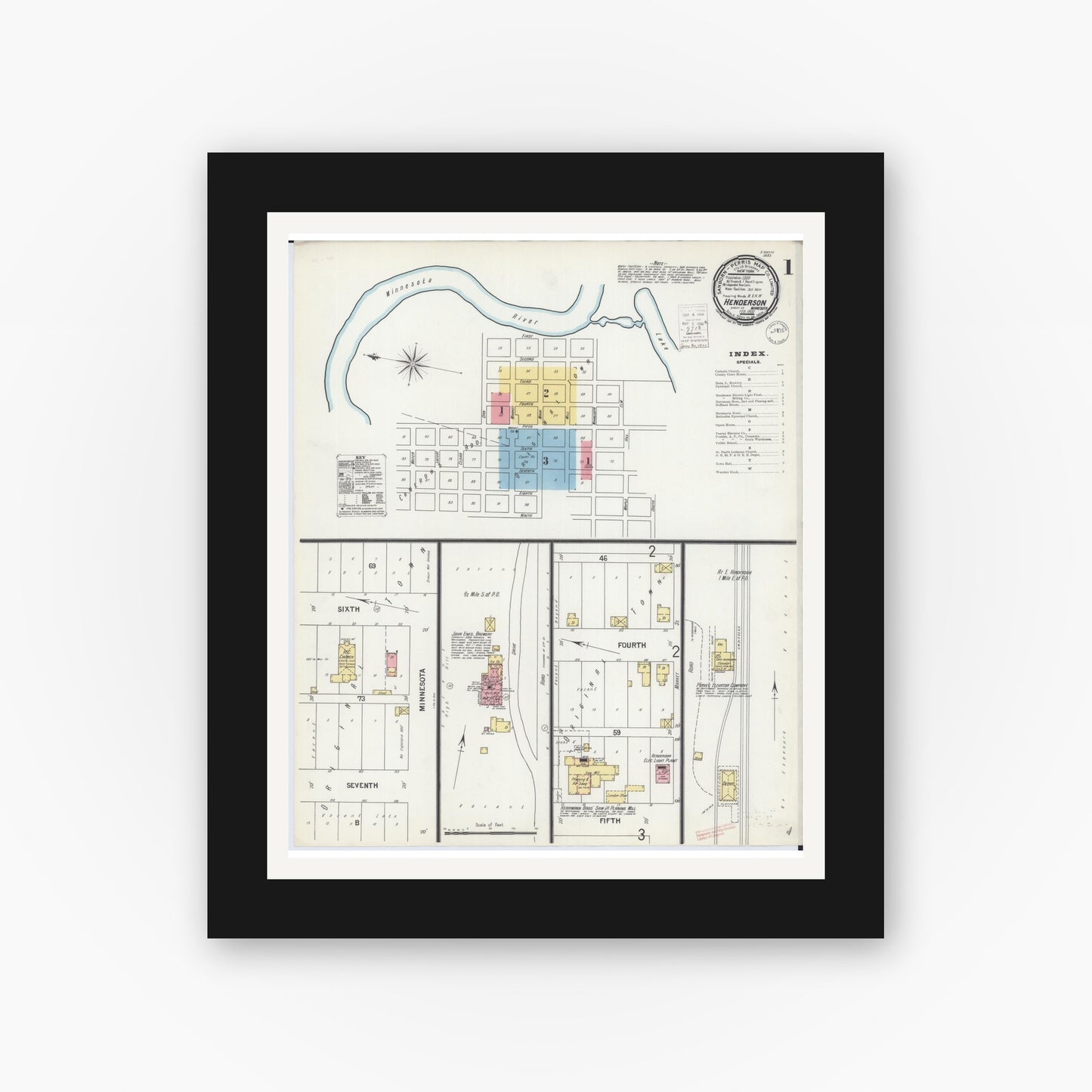 Old map wall art mockup — black gallery frame with white mat — Sanborn Fire Insurance Map from Henderson, Sibley County, Minnesota (1900) - Complete Map Set