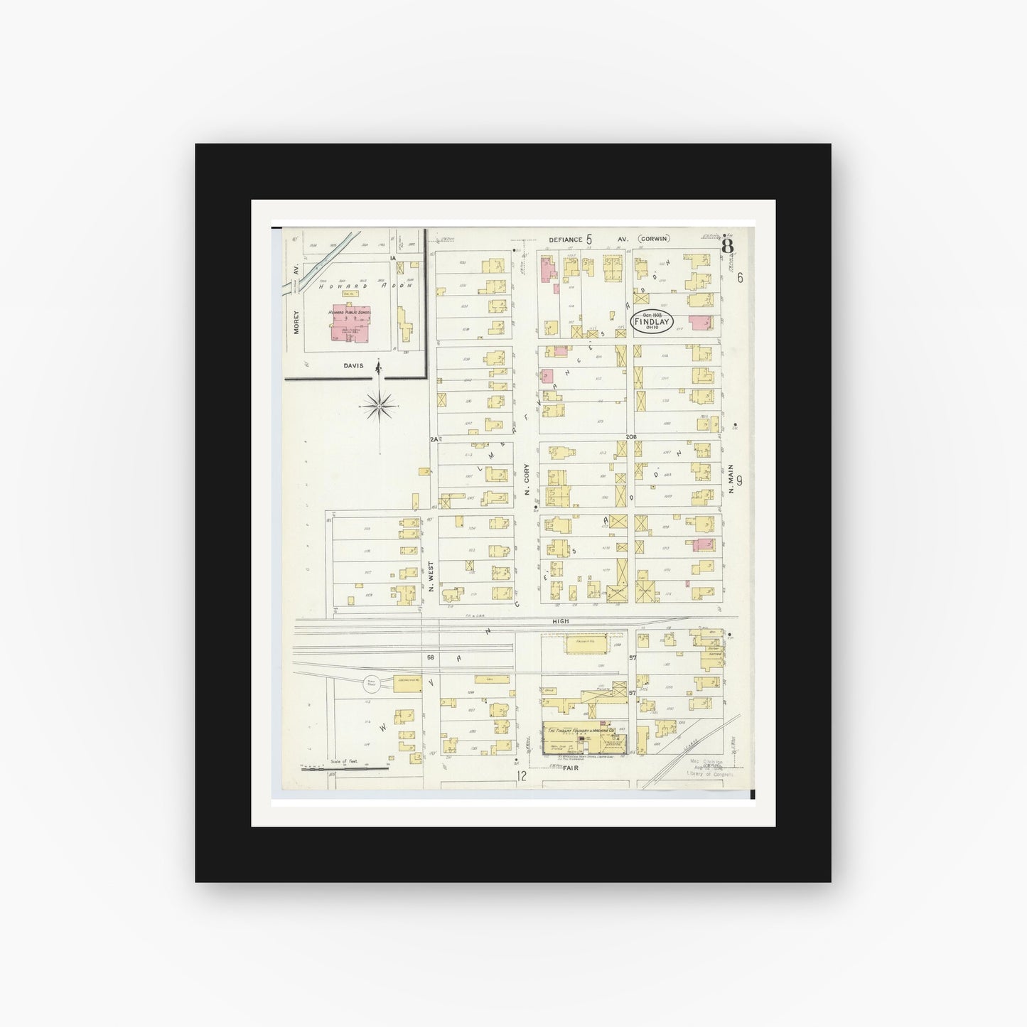 Old map wall art mockup — black gallery frame with white mat — Sanborn Fire Insurance Map from Findlay, Hancock County, Ohio (1908), Sheet #0008