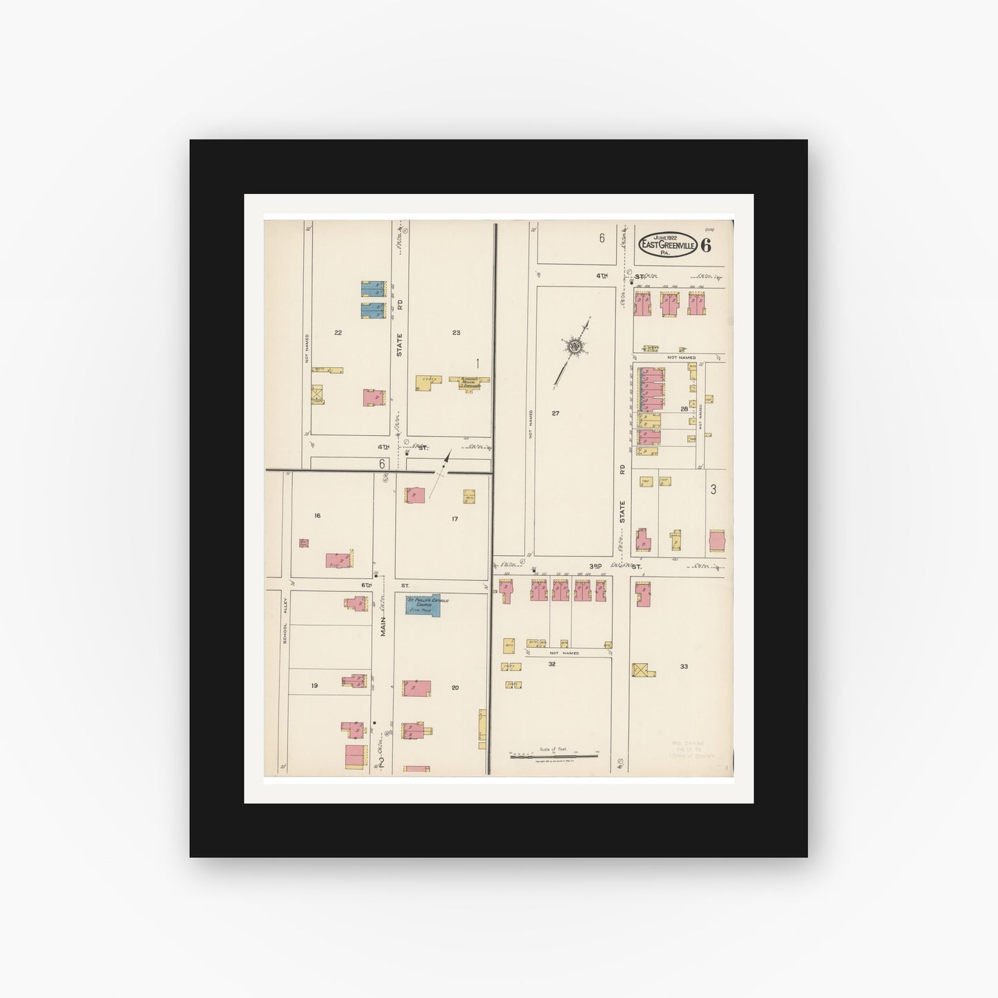 Old map wall art mockup — black gallery frame with white mat — Sanborn Fire Insurance Map from East Greenville, Montgomery County, Pennsylvania (1922), Sheet #0006