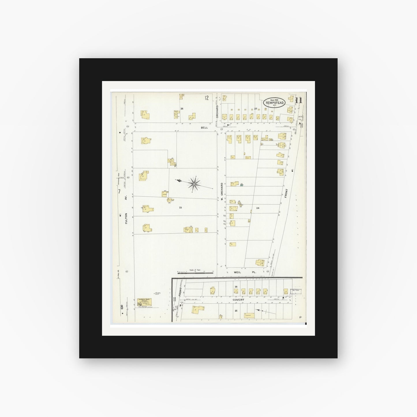 Old map wall art mockup — black gallery frame with white mat — Sanborn Fire Insurance Map from Hempstead, Nassau County, New York (1909), Sheet #0011